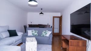 uma sala de estar com um sofá e uma televisão em Casa Miguelito em Aveiro