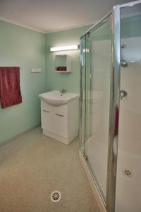 a bathroom with a sink and a shower at Karratha Lodge TWA in Karratha