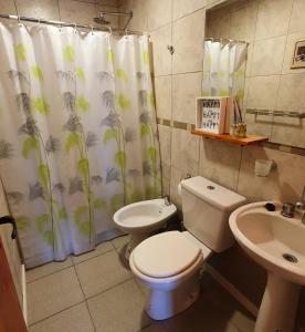 a bathroom with a toilet and a sink and a shower curtain at RIO ARRIBA in Colón