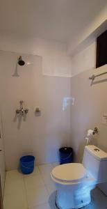 een badkamer met een toilet en twee blauwe emmers bij Bandipur Kaushi Inn in Bandipur