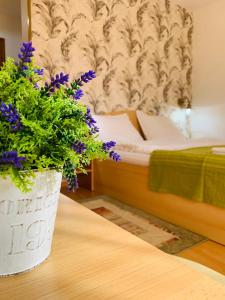 - une chambre avec un lit et une table ornée de fleurs violettes dans l'établissement Casa Neamtu, à Băile Herculane