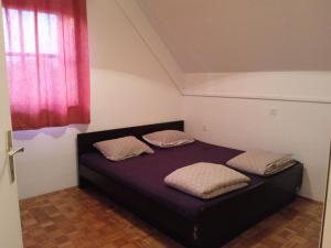 1 dormitorio con 1 cama con 2 almohadas en Čebelica, apartma 101, Terme Čatež, en Brežice