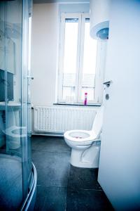 La salle de bains est pourvue de toilettes et d'une fenêtre. dans l'établissement Agréable chambre sur liège avc parking et wifi gratuit, à Liège