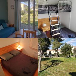 a collage of pictures of a room with a bed and a ladder at Maisonnette des Vignes in Calvisson