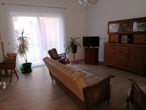 een woonkamer met een bank en een tv bij City Apartment #1 bei der Porzellan Manufaktur in Meißen