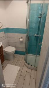y baño con aseo y ducha acristalada. en Domus Linda B&B, en Isquia
