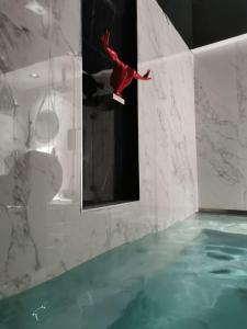 une personne sautant d'un mur dans une piscine dans l'établissement Lexury Suite Acqua, à Babilafuente