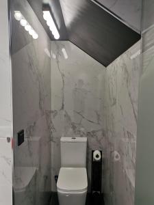 La salle de bains est pourvue de toilettes et d'un mur en marbre. dans l'établissement Lexury Suite Acqua, à Babilafuente