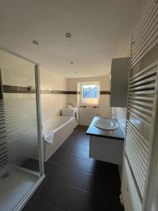 a bathroom with a shower and a sink and a tub at Rosental in Stollberg