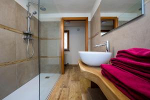 a bathroom with a sink and a glass shower at Lou Rosé in Donnaz