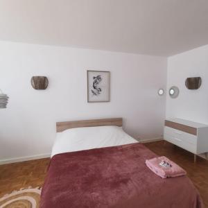 - une chambre blanche avec un lit et un bureau dans l'établissement Chambre cocooning tout confort Saint Marceau, à Orléans