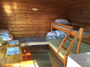 a room with two bunk beds and a desk at Saaramaa Camping in Kouvola
