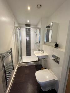 a bathroom with a toilet and a sink and a shower at 2 Bedroom, 2 Bathroom Modern Apartment close to Ocean Village, Free parking, Single or Double beds in Southampton