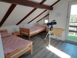 una camera con due letti e una macchina fotografica su un treppiede di Apartman Lynx on lake Sabljaci a Ogulin