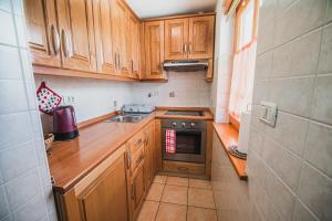 a small kitchen with wooden cabinets and a sink at Apartments Rombon Klavdij with Free Onsite Parking in Bovec