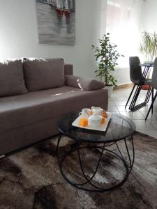 a living room with a couch and a glass table at Studio apartman KIKA in Otočac