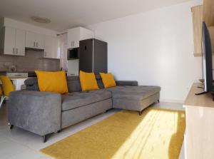 a living room with a gray couch with yellow pillows at Galerius Golden Beach Apartment in Siófok