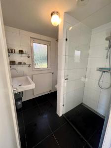 a bathroom with a sink and a shower at Woonboot Irene in Alkmaar