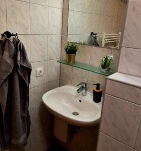 een badkamer met een wastafel en een spiegel bij Wohnen im alten Amtsgericht im Herzen von Xanten in Xanten