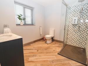 a bathroom with a toilet and a glass shower at Timadon Cottage in Chester +16 photos