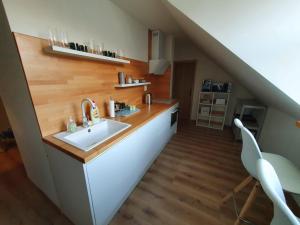 a kitchen with a sink and a counter top at Apartmán Frida in Nová Baňa