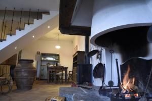 a fireplace in a living room with a stove at Fonte del Salcio in Cinigiano