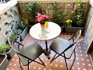 um pátio com uma mesa, cadeiras e vasos de plantas em Carducci green - Appartamento monolocale em Turim