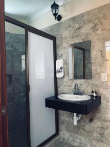 a bathroom with a sink and a mirror at Hotel Delicias Tequila in Tequila
