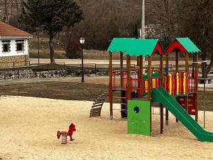 a playground with a slide and a dog in the sand at Casa Rural Chincha in Tragacete