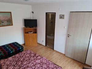 Habitación con cama, puerta y TV. en Penzión Larix Blatnica, en Blatnica
