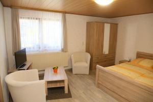 Dormitorio con cama, escritorio y TV en Spreewaldpension Zickert, en Lübben