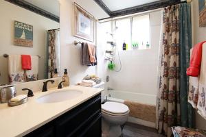 a bathroom with a sink and a toilet and a shower at Coastal Hideaway in Carlsbad