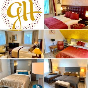 a collage of four pictures of a hotel room at Boutique Hotel Goldene Henne in Wolfsburg