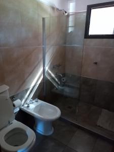 a bathroom with a toilet and a shower and a sink at Cabaña Azul in Villa Anizacate