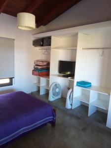 1 dormitorio con 1 cama, TV y estanterías en Cabaña Azul en 