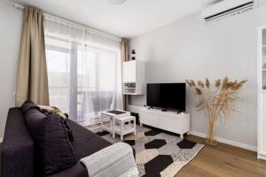 Il comprend un salon doté d'un canapé et d'une télévision à écran plat. dans l'établissement Šventosios vartai Uosto apartamentai, à Šventoji