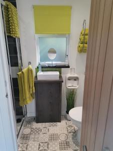 a bathroom with a sink and a toilet and a mirror at The Wee Den in Balfron