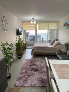 a large bedroom with a bed and a living room at Depto. estudio con vista al mar in Viña del Mar