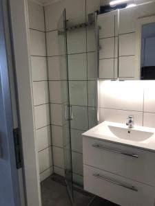 ein Badezimmer mit Waschbecken und Glasdusche in der Unterkunft Ankerplatz-Steinhude in Wunstorf