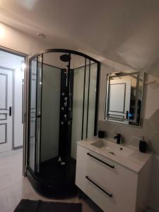 a bathroom with a shower and a sink and a mirror at LA MACHINE Sous Combles in La Machine