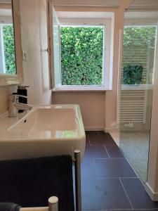 a bathroom with a sink and a large window at La Vista - Apartment mit Traumblick & Garten in Marlengo