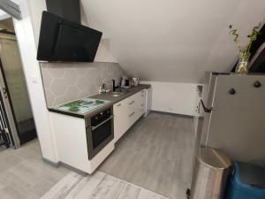 a small kitchen with a stove and a refrigerator at LA MACHINE Sous Combles in La Machine