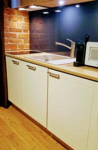 encimera de cocina con fregadero y microondas en Cozy two-story Loft Apartments 6 en Tallin
