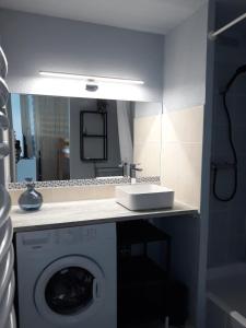 a bathroom with a washing machine and a mirror at Studio cabine en bord de plage in Marseillan