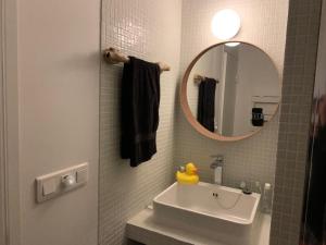 une salle de bain avec un lavabo et un miroir dans l'établissement Bel appartement idéalement situé en Haute Corse, à Lumio 9 autres photos