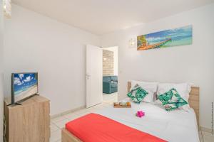 a bedroom with a bed and a flat screen tv at Le Cottage de la Baie de Tartane à 5min des plages in La Trinité