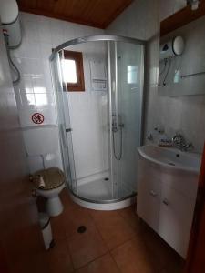 y baño con ducha, aseo y lavamanos. en Iordanis house- Traditional House in old Alonnisos, en Centro histórico de Alónnisos