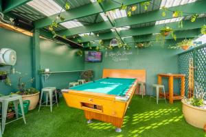 a ping pong table in a room with plants at Railway Hotel in Winton
