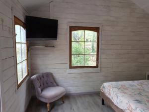 ファイエンスにあるLa cabane de Pioupiouのベッドルーム(ベッド1台、椅子、テレビ付)