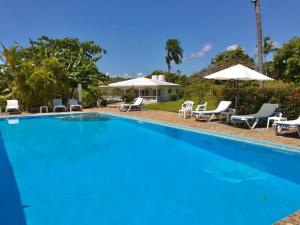 een groot blauw zwembad met stoelen en parasols bij Casa Blanca Samaná - Las Galeras in Las Galeras